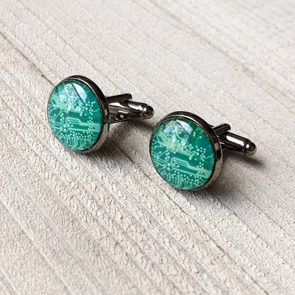 Glass Dome Cuff Links with Printed Blue Circuit Boards, Shiny Gunmetal-Plated